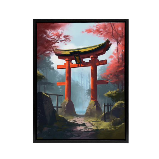 Japanese Torii Gate in Forest Landscape Black Framed Canvas Wall Art Print