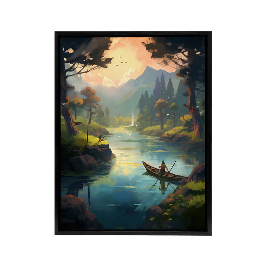 Fishermen Forest River Fishing Black Framed Canvas Wall Art Print