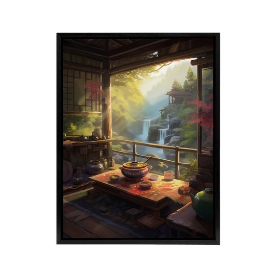 Waterfall View From Japanese Tea House Patio Black Framed Canvas Wall Art