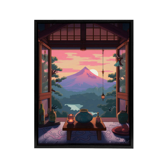 Japanese Tea House Mount Fuji Sunset View Black Framed Canvas Art Print