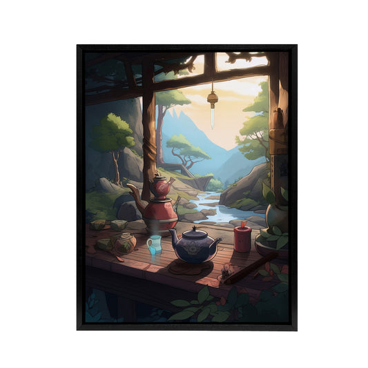 Tranquil Japanese Tea Ceremony In Nature Black Framed Canvas Art Print