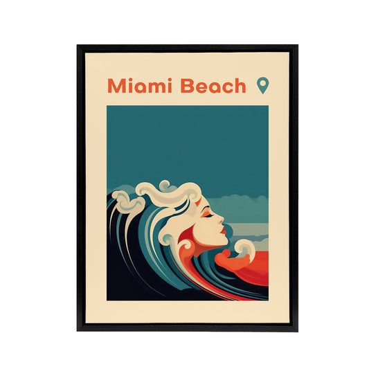 Miami Beach Sea Wave Siren Travel Advert Black Framed Canvas Art Print