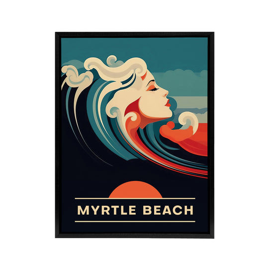 Seaside Calls Myrtle Beach USA Travel Ad Black Framed Canvas Art Print