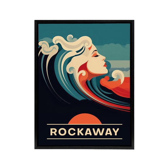 Rockaway Beach Wave Portrait Travel Ad New Black Framed Canvas Art Print