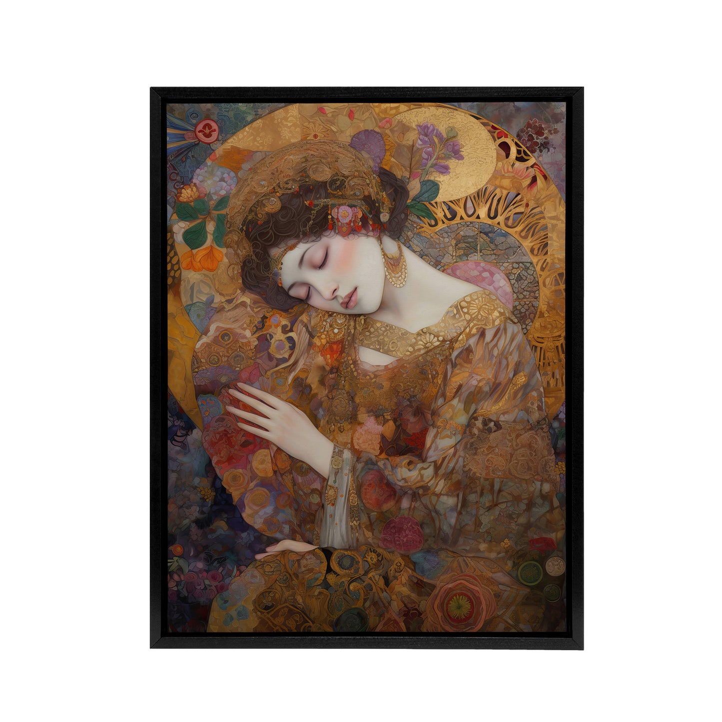 Asleep Klimt Inspired Woman Portrait Black Framed Canvas Wall Art Print
