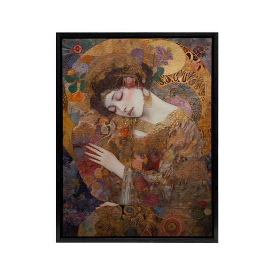 Asleep Klimt Inspired Woman Portrait Black Framed Canvas Wall Art Print