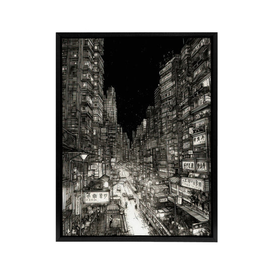 Tokyo At Night Japan Cityscape Sketch Black Framed Canvas Wall Art Print