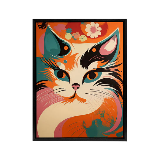 Cat Retro Boho Flower Power Floral Black Framed Canvas Wall Art Print