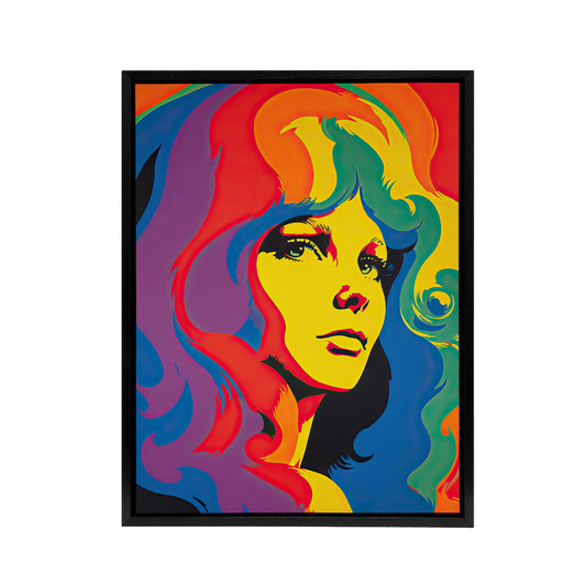 1960s Psychedelic Rainbow Woman Portrait Black Framed Canvas Art Print