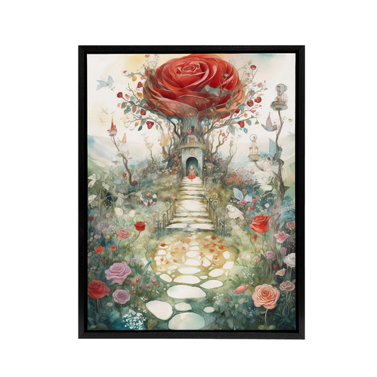 Alice in Rose Garden at Wonderland Black Framed Canvas Wall Art Print
