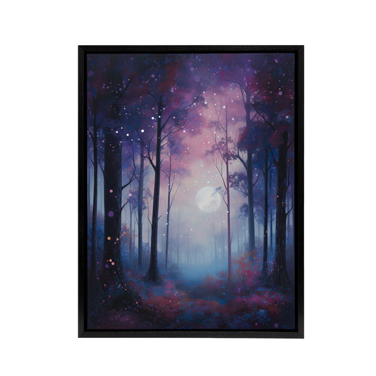 Full Moon In Enchanted Forest Black Framed Canvas Wall Art Print