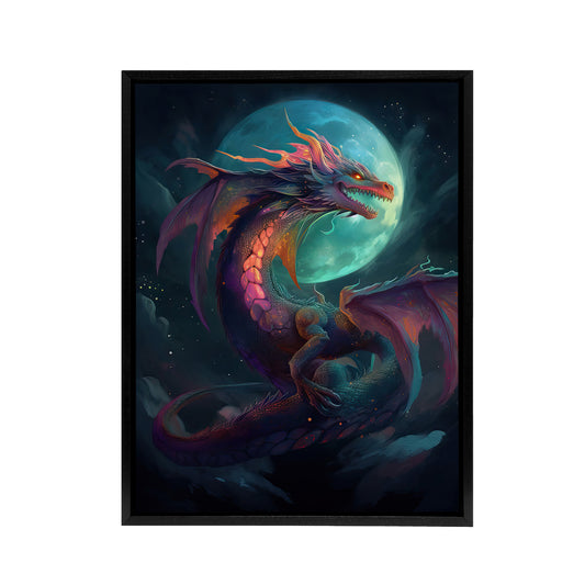 Full Moon Dragon Fantasy Black Framed Canvas Wall Art Print