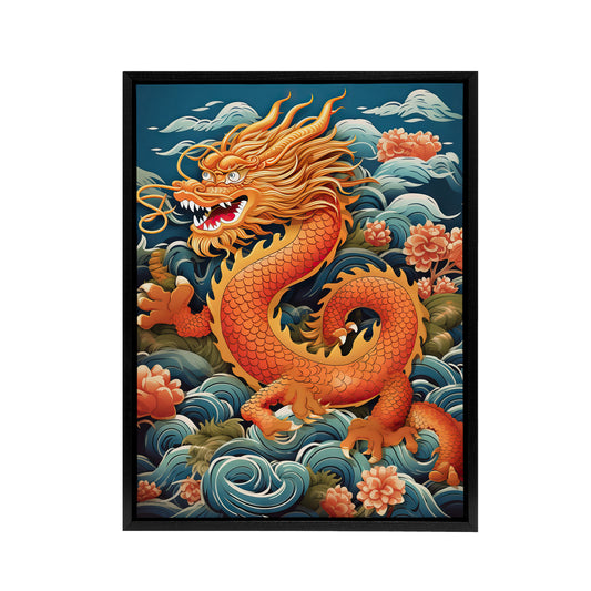 Traditional Chinese Dragon Fantasy Black Framed Canvas Wall Art Print
