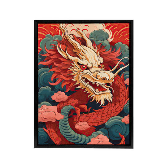 Chinese Dragon and Sunset Clouds Black Framed Canvas Wall Art Print