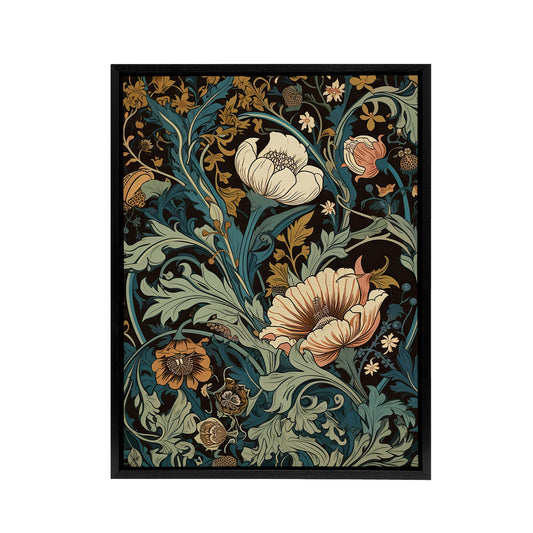 Flowers And Leaves Art Nouveau Black Framed Canvas Wall Art Print