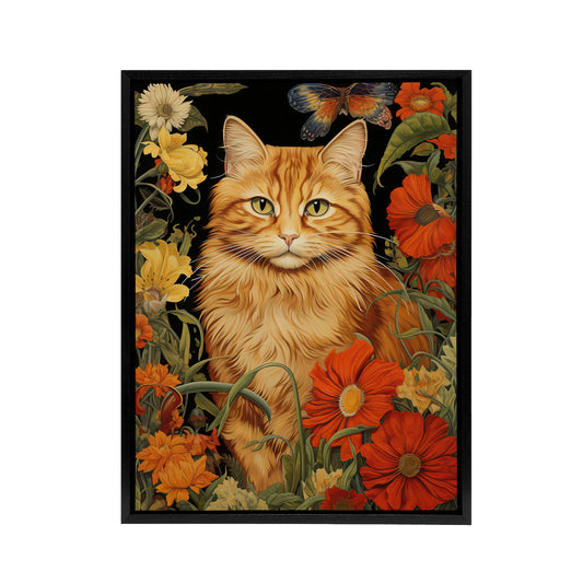 Ginger Tabby Cat Floral Painting Black Framed Canvas Wall Art Print
