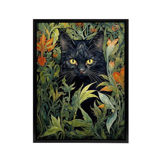 Cat and Flowers Art Nouveau Black Framed Canvas Wall Art Print