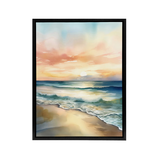 Serene Seashore Sunset Seascape Black Framed Canvas Wall Art Print