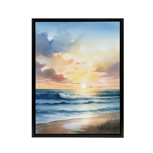Beach Shore Waves Sunset Seascape Black Framed Canvas Wall Art Print