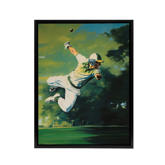 Cricket Match Outfield Diving Catch Black Framed Canvas Wall Art Print