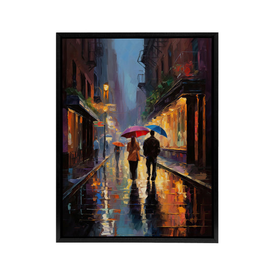 Couple On Romantic Walk In The Rain Black Framed Canvas Wall Art Print