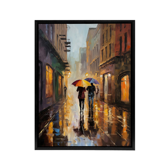 Couple With Umbrellas Rainy Cityscape Black Framed Canvas Wall Art Print