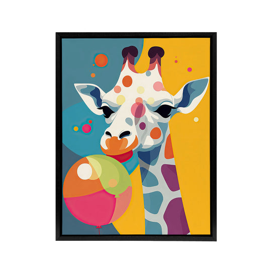 Cute Colourful Giraffe With Balloon Black Framed Canvas Wall Art Print