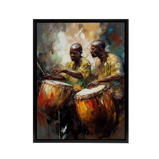 African Music Drum Players Black Framed Canvas Wall Art Print