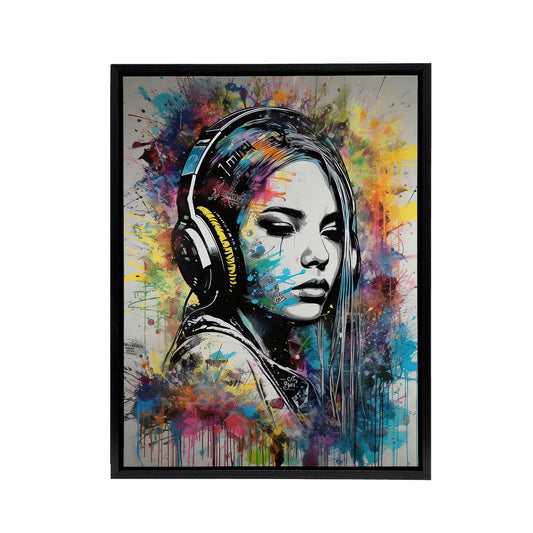 Girl With Headphones Music Paint Splat Black Framed Canvas Wall Art Print