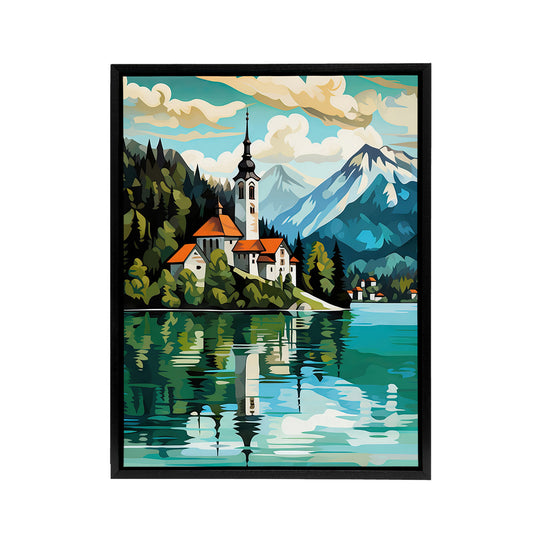 Church on Lake Bled Slovenia Island Black Framed Canvas Wall Art Print