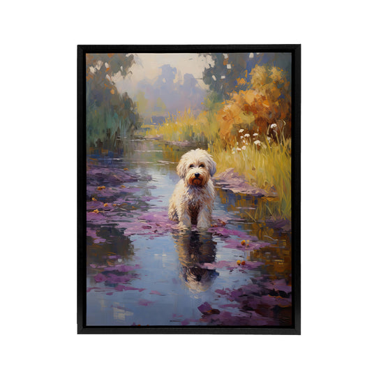 Cockapoo Dog And Water Irises Black Framed Canvas Wall Art Print