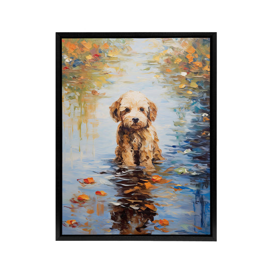 Cockapoo Dog And Autumn Leaves In Lake Black Framed Canvas Wall Art Print