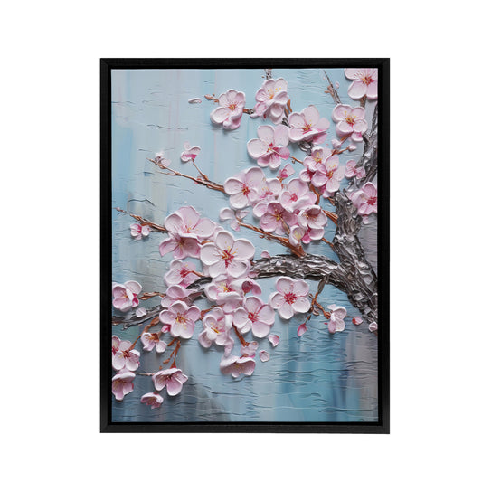 Cherry Blossoms Thick Paint Flowers Black Framed Canvas Wall Art Print
