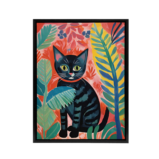 Black Cat In A Jungle Folk Art Black Framed Canvas Wall Art Print