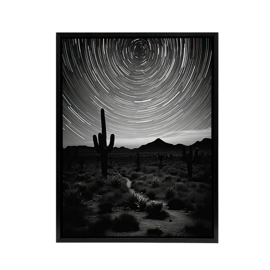 Night Sky Stars Time Lapse Over Desert Cactus Black Framed Canvas Art