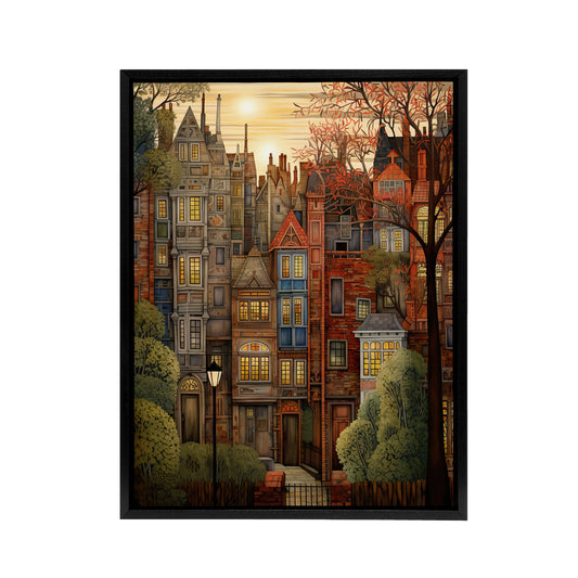Autumn Sunset in English Cityscape Black Framed Canvas Wall Art Print
