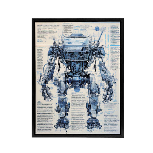 Mech War Military Robot Schematic Black Framed Canvas Wall Art Print