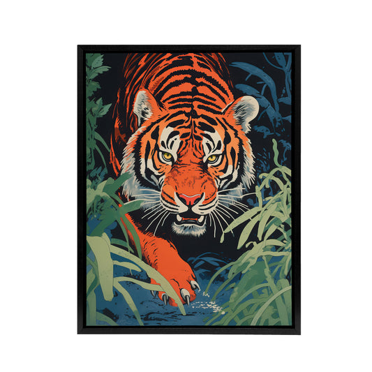Jungle Tiger Prowling Stalking Animal Black Framed Canvas Wall Art Print