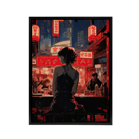Cyberpunk Jazz Bar Neo Noir Anime Black Framed Canvas Wall Art Print