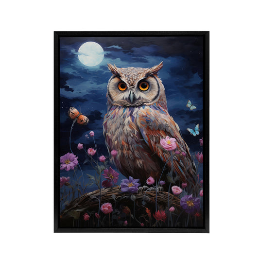 Owl With Wildflowers Under A Full Moon Black Framed Canvas Wall Art Print