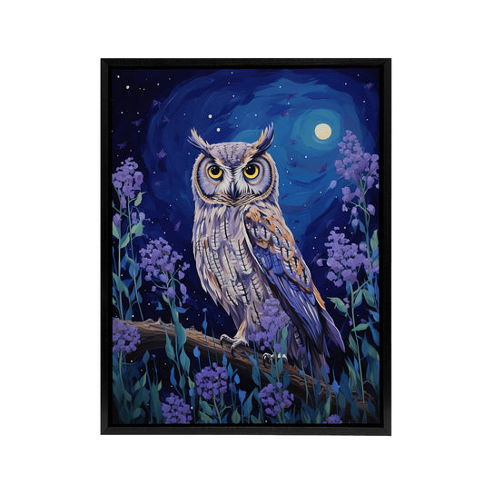 Great Horned Owl In Lavender Field Black Framed Canvas Wall Art Print
