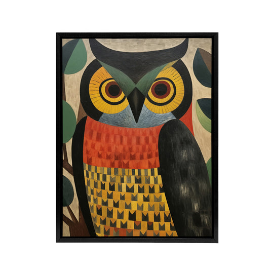 Folk Art Geometric Owl Black Framed Canvas Wall Art Print