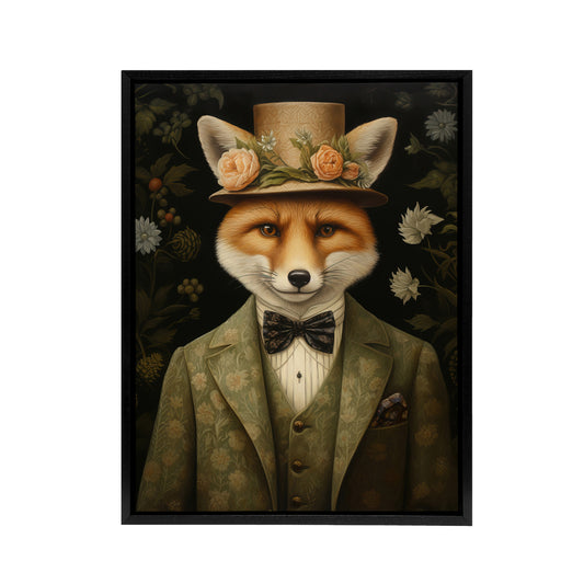 Gentleman Fox In Floral Victorian Suit Black Framed Canvas Wall Art Print