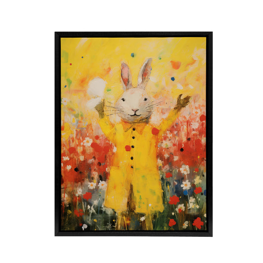 Rabbit Wearing Raincoat in Meadow Black Framed Canvas Wall Art Print