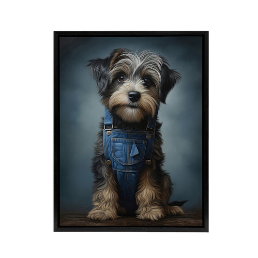 Adorable Snorkie Dog In Dungarees Black Framed Canvas Wall Art Print