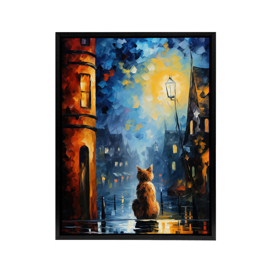 Ginger Cat Under Street Lamp at Night Black Framed Canvas Wall Art Print