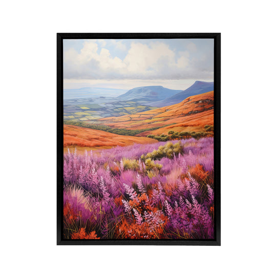 Heather Fields in Scotland Landscape Black Framed Canvas Wall Art Print