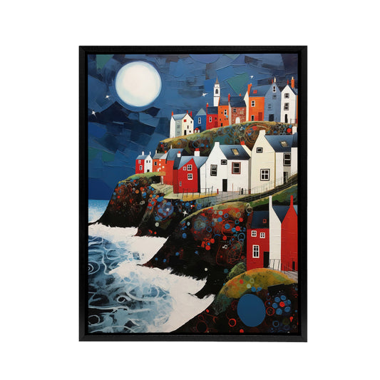 Seaside Cliff Village Houses Folk Art Black Framed Canvas Wall Art Print