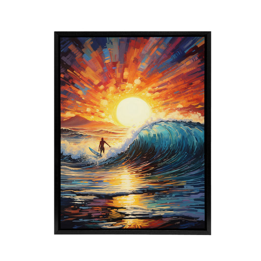 Sunset Surfing Surfer Riding Waves Black Framed Canvas Wall Art Print