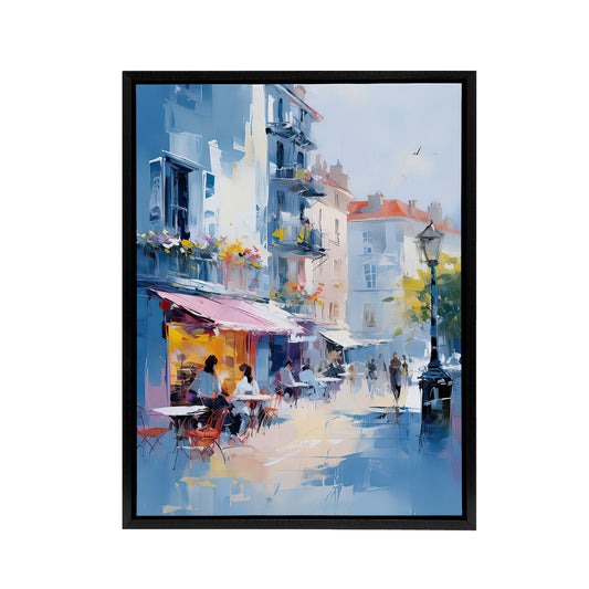 Cafe Street In Paris Black Framed Canvas Abstract Wall Art Print